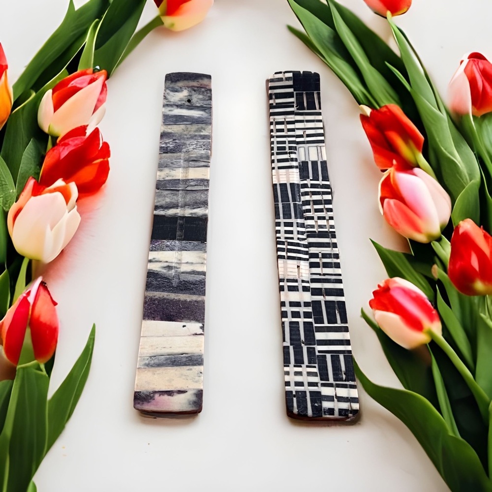 Handmade Set of 2 Wood Incense Holders Black White Mosaic Inlay